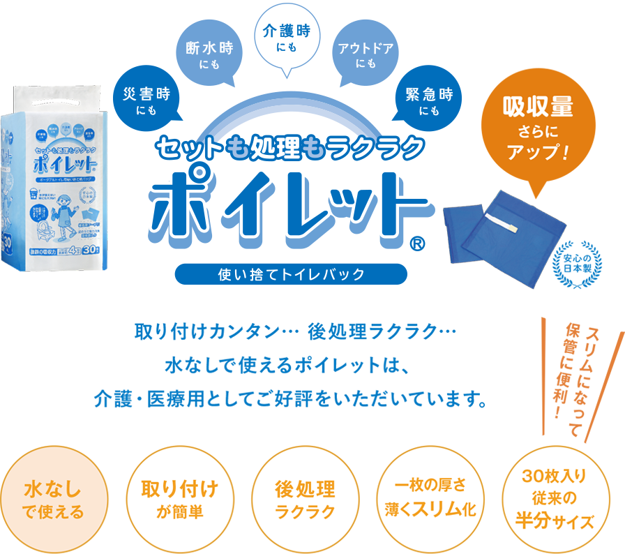 セットも処理もラクラク　ポイレット®（使い捨てトイレバッグ30枚入）ポータブルトイレの必需品！